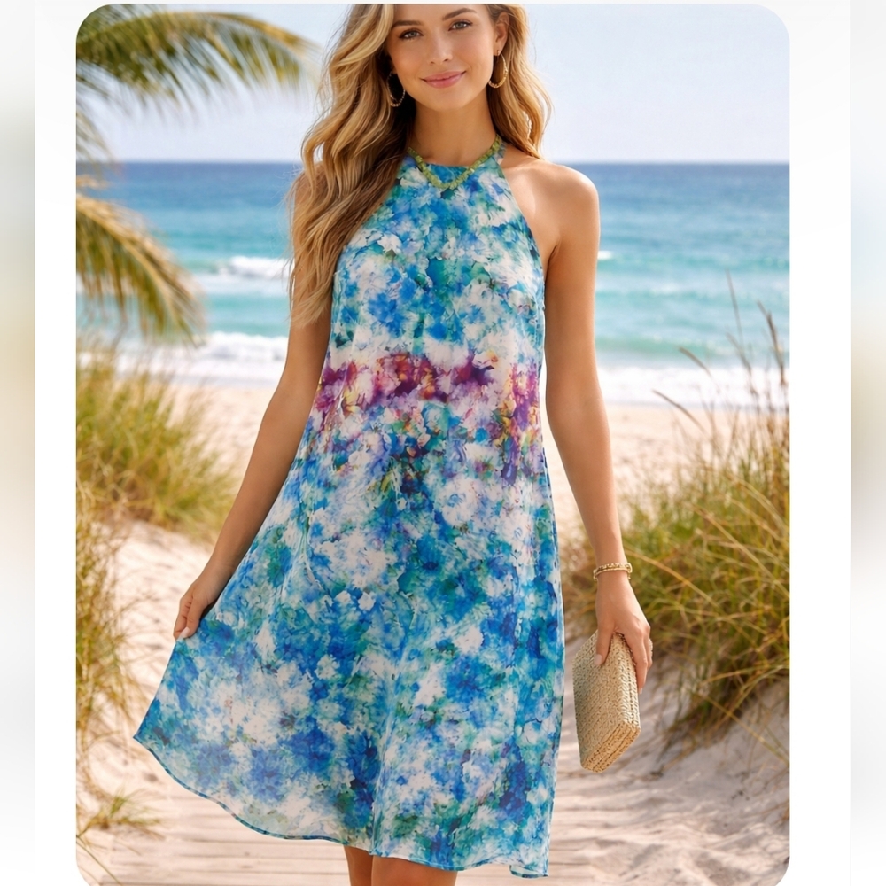 Anthro Charlie Jade “Under the Sea” Halter Dress Blue Watercolor Flowy Dress L
